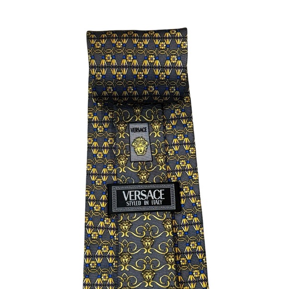 Versace Men's Tie Baroque Medusa Gray & Blue Satin Silk 3.75